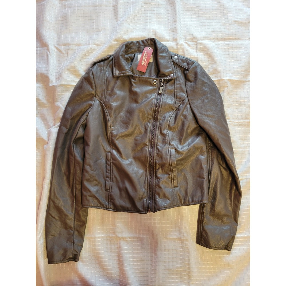 Arizona Jean Co Womens Brown Faux Leather Moto Jacket Asymmetrical Zip Small NWT